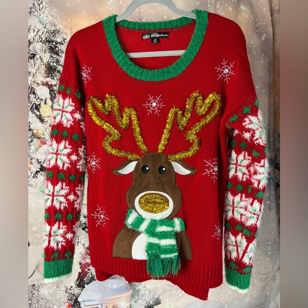 Ugly Sweater, reindeer, sparkle stones, red/green
